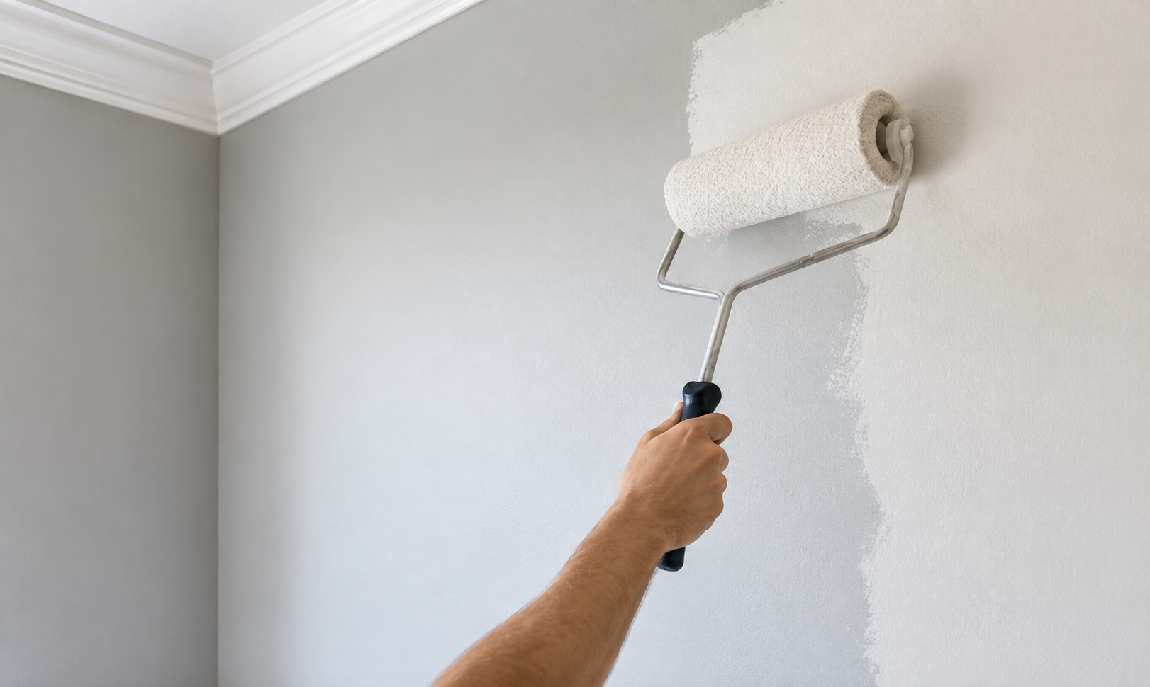 Paint roller applying a fresh coat to an interior wall