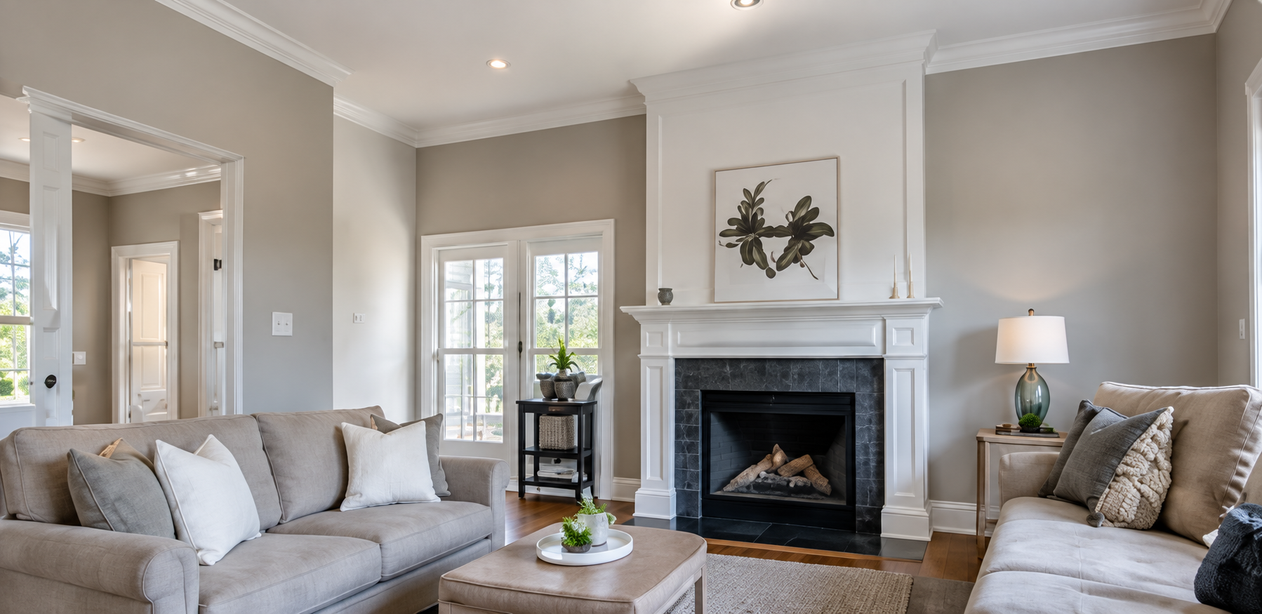 Neutral living room with a fireplace and freshly painted walls